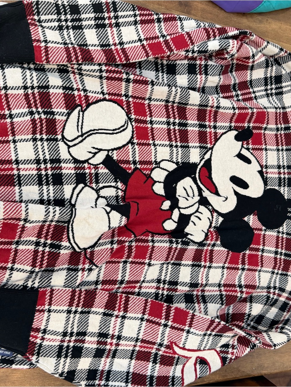 Disney Red Black White Plaid Crewneck Sweater with Mickey Graphic